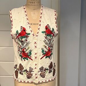 Vintage Embroidered Cardinal & Pinecone Christmas sweater Vest by In Resource M